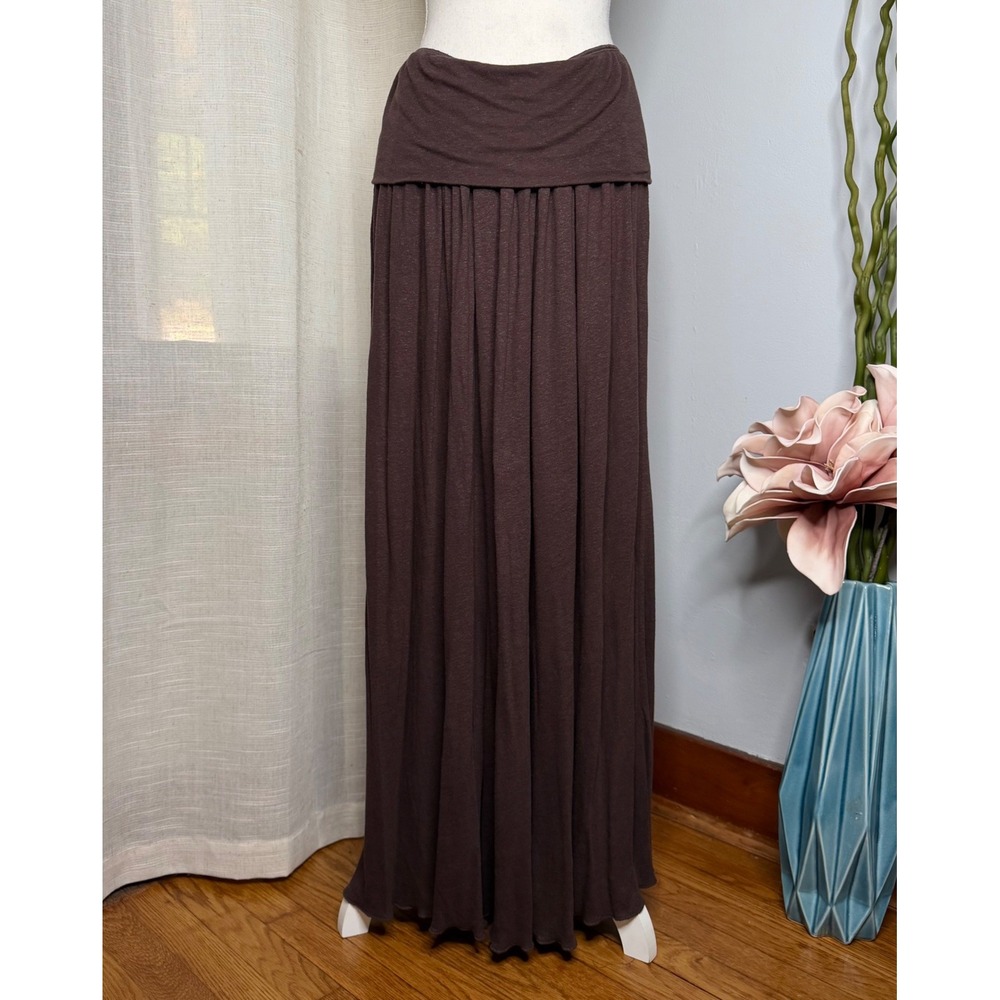 Benetton Maxi Skirt Linen Blend Foldover Brown Boho Flowy Italy Women's Medium M
